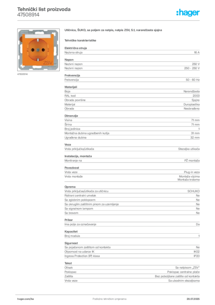 Slika Hager Product data sheet 47508914  | Hager