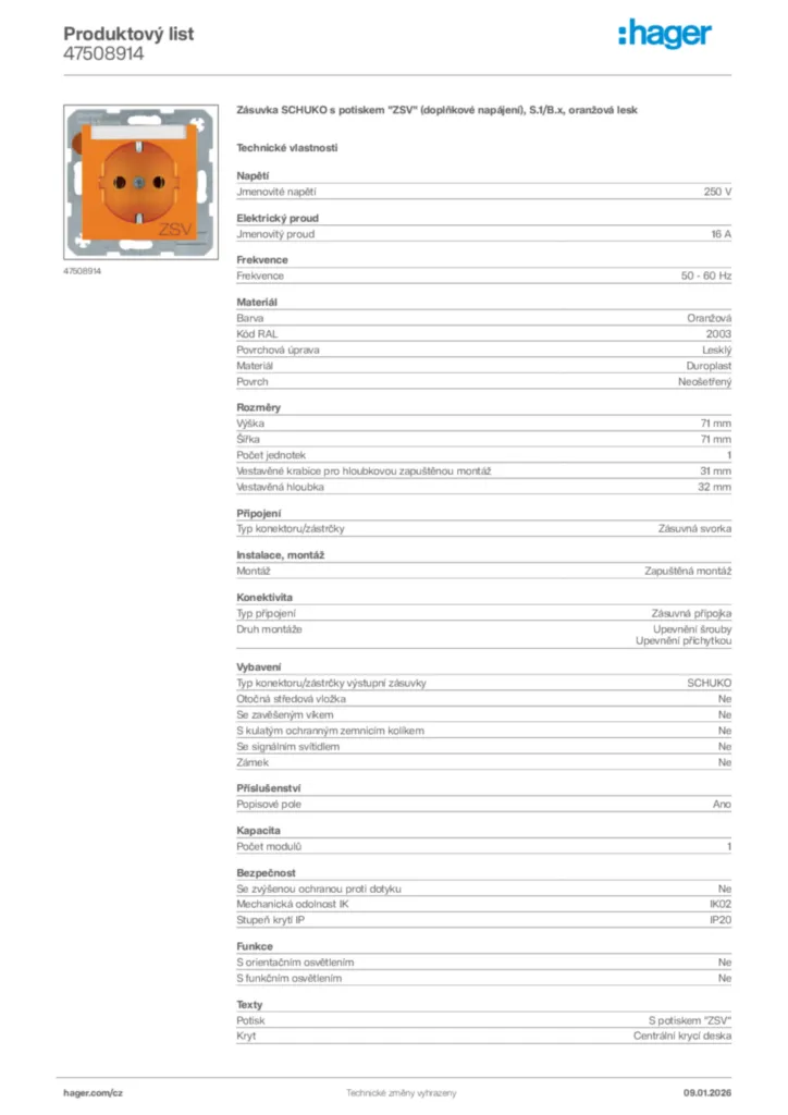 Obrázek Hager Product data sheet 47508914 | Hager