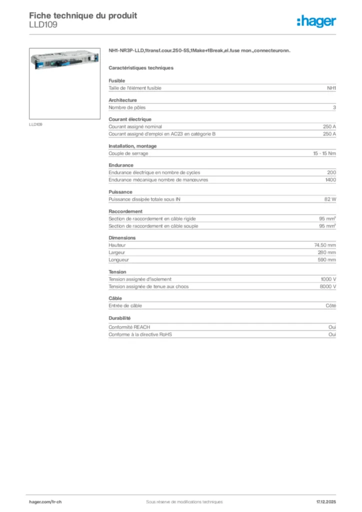 Image Hager Fiche technique du produit LLD109 | Hager Suisse