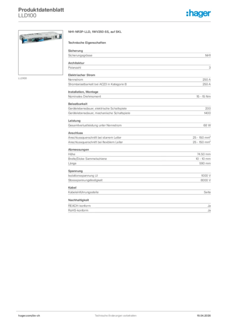Bild Hager Produktdatenblatt LLD100 | Hager Schweiz