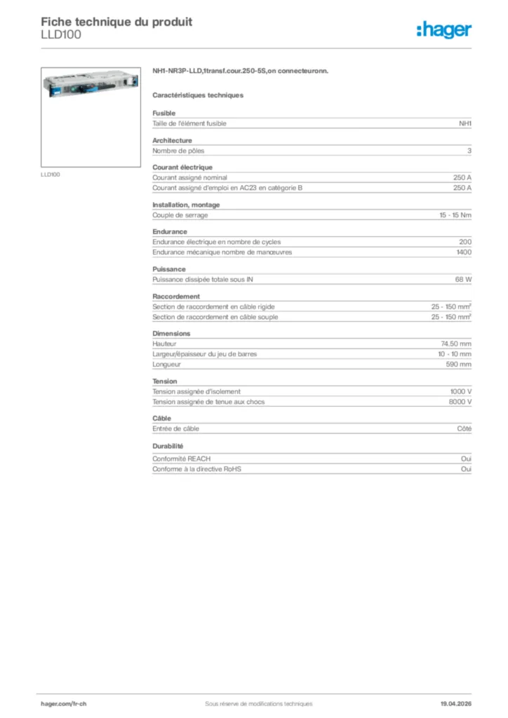 Image Hager Fiche technique du produit LLD100 | Hager Suisse