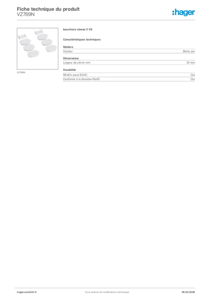 Image Hager Fiche technique du produit VZ789N | Hager Afrique