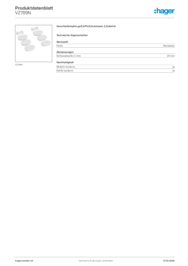 Bild Hager Produktdatenblatt VZ789N | Hager Schweiz
