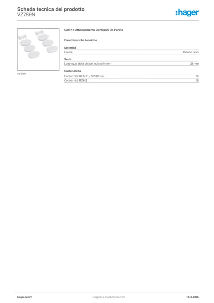 Immagine Hager Scheda tecnica del prodotto VZ789N | Hager Italia