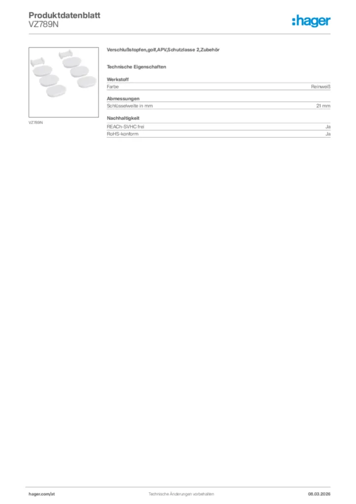 Bild Hager Produktdatenblatt VZ789N | Hager Deutschland