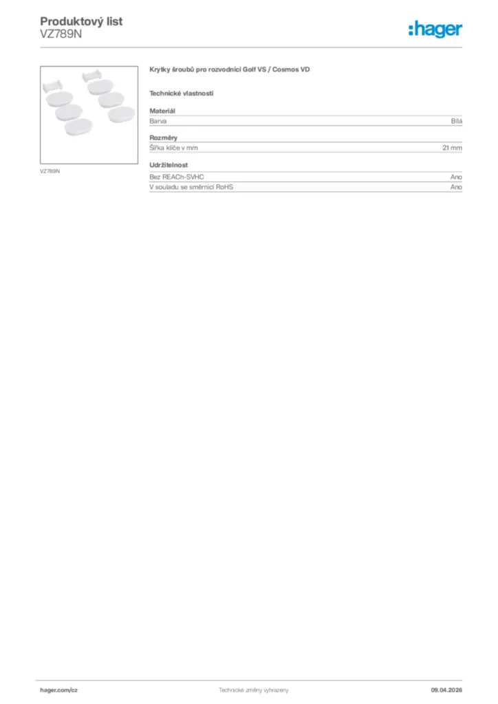Obrázek Hager Product data sheet VZ789N | Hager