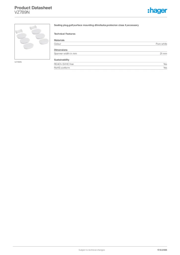 Image Hager Product data sheet VZ789N  | Hager