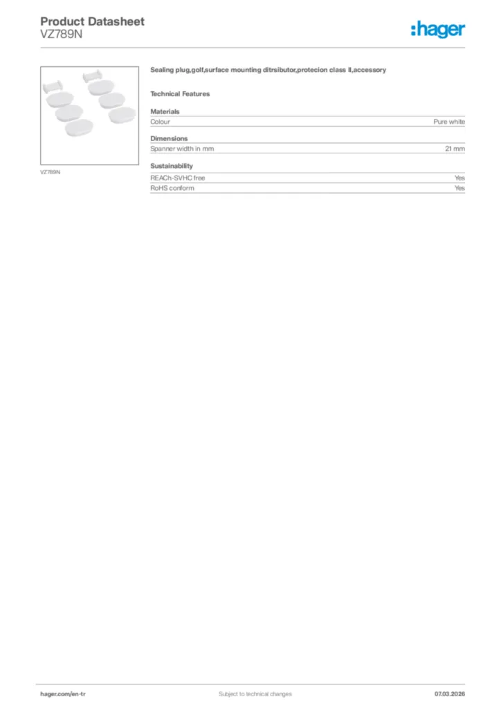 Image Hager Product data sheet VZ789N  | Hager