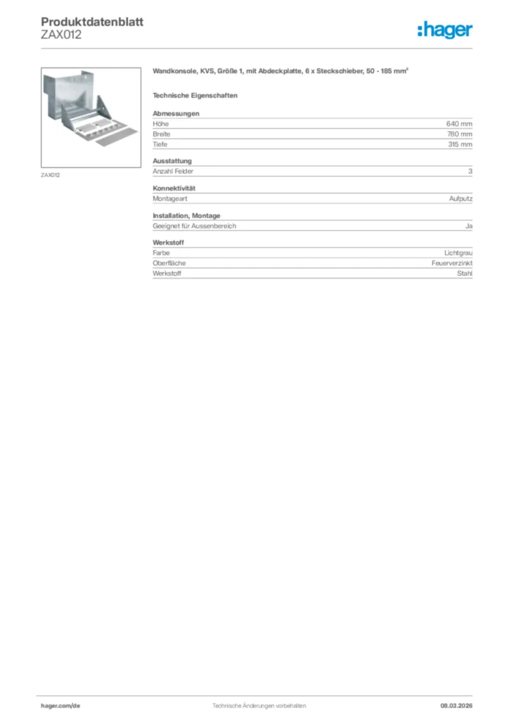Bild Hager Produktdatenblatt ZAX012 | Hager Deutschland