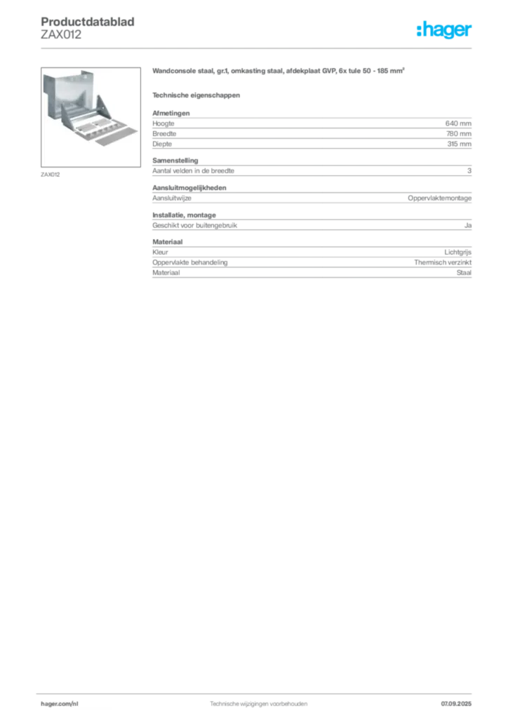 Afbeelding Hager Productdatablad ZAX012 | Hager Nederland