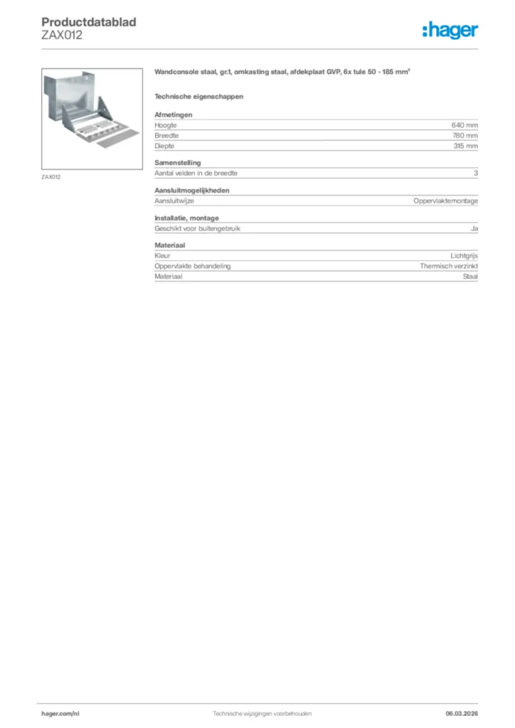 Afbeelding Hager Productdatablad ZAX012 | Hager Nederland