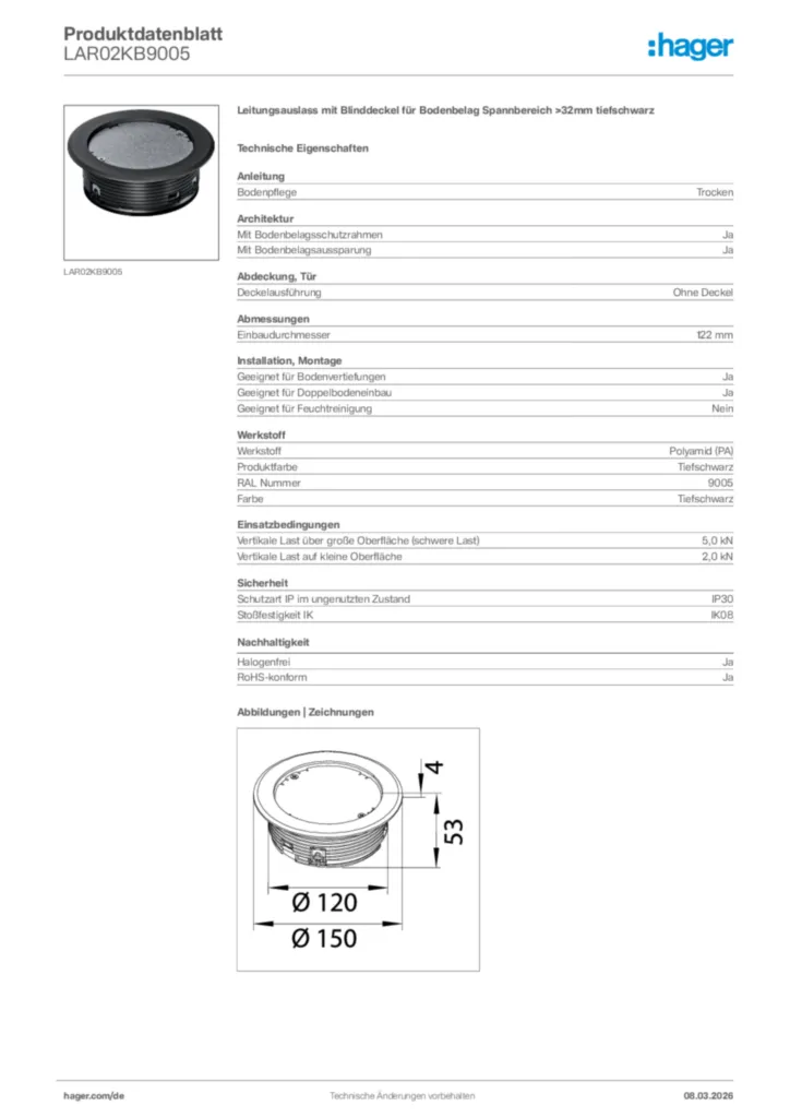 Bild Hager Produktdatenblatt LAR02KB9005 | Hager Deutschland