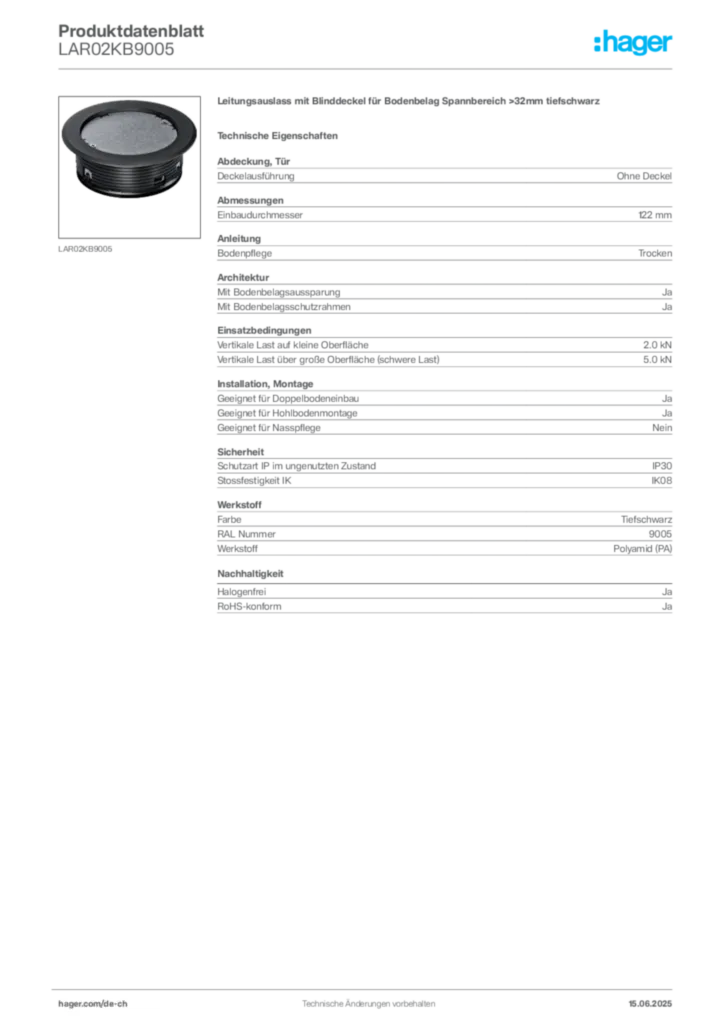 Bild Hager Produktdatenblatt LAR02KB9005 | Hager Schweiz
