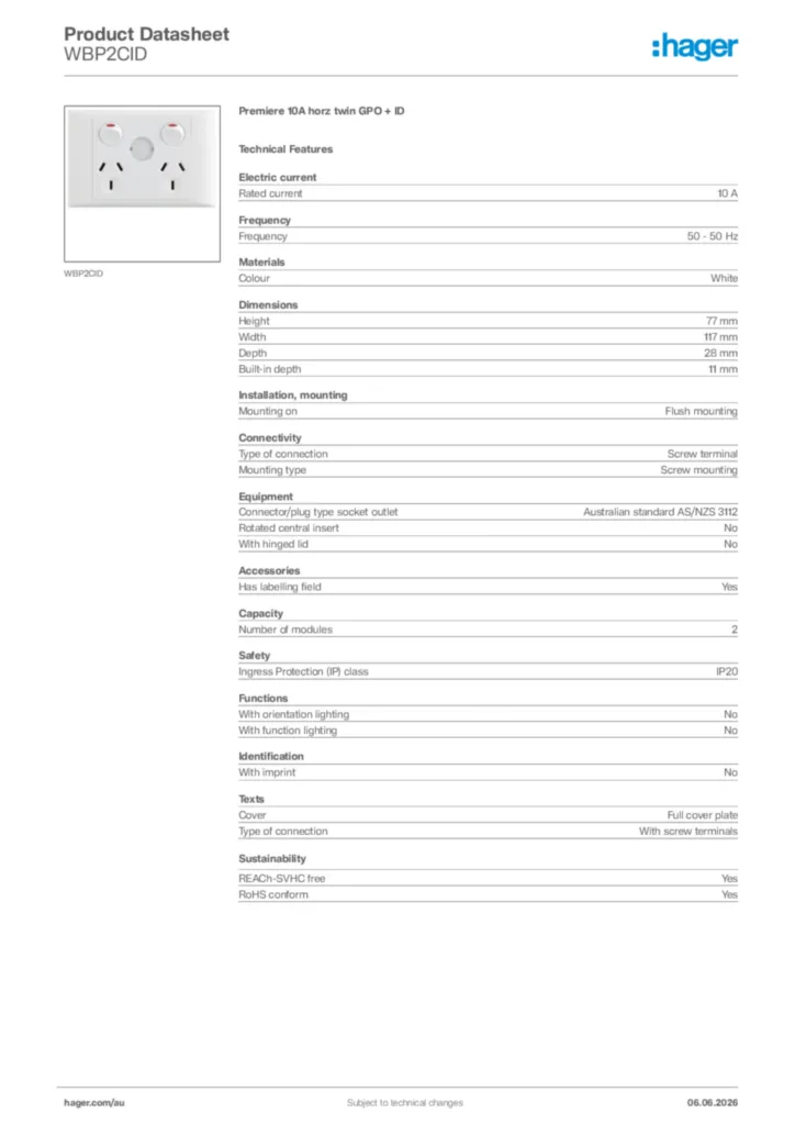Image Hager Product data sheet WBP2CID  | Hager Australia