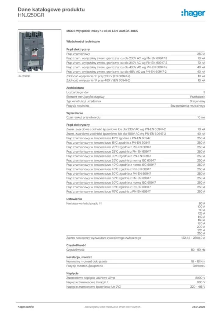 Zdjęcie Hager Karta katalogowa HNJ250GR | Hager Polska