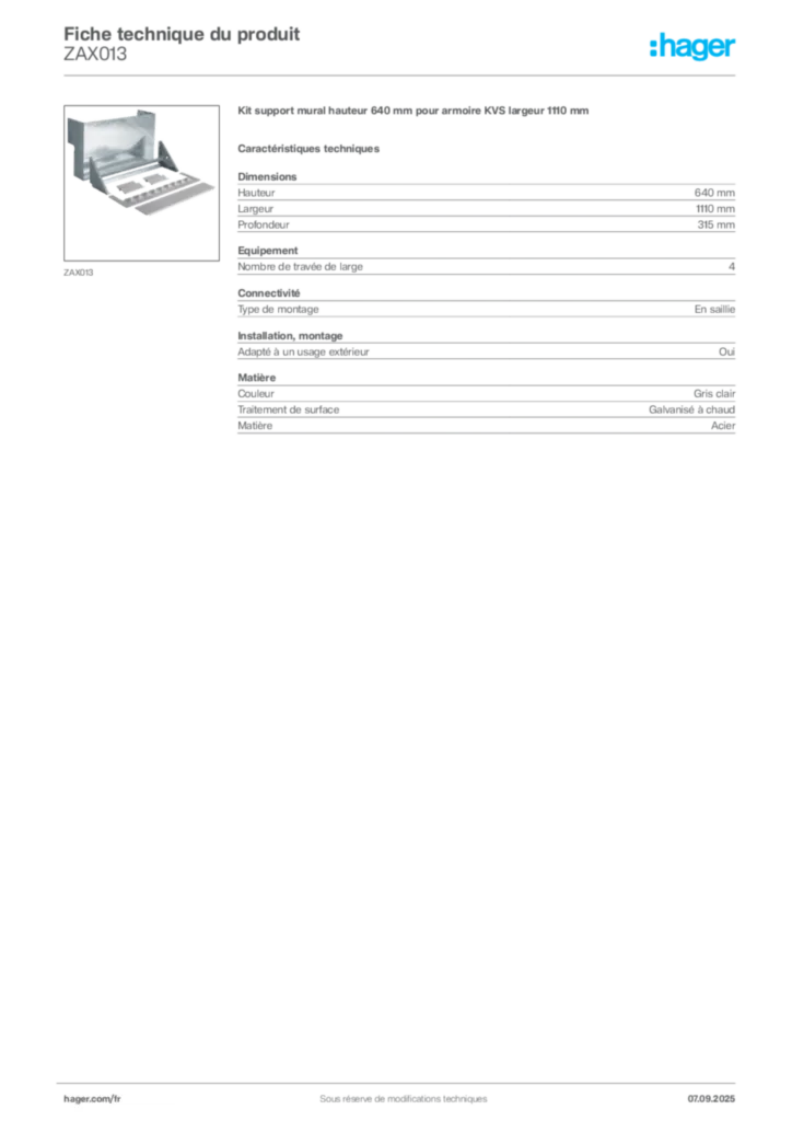 Image Hager Fiche technique du produit ZAX013 | Hager France