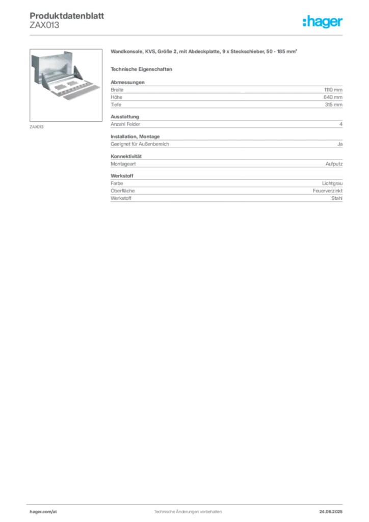 Bild Hager Produktdatenblatt ZAX013 | Hager Deutschland
