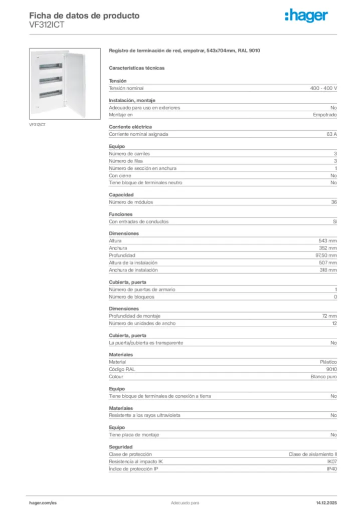 Imagen Hager Ficha de datos de producto VF312ICT | Hager España