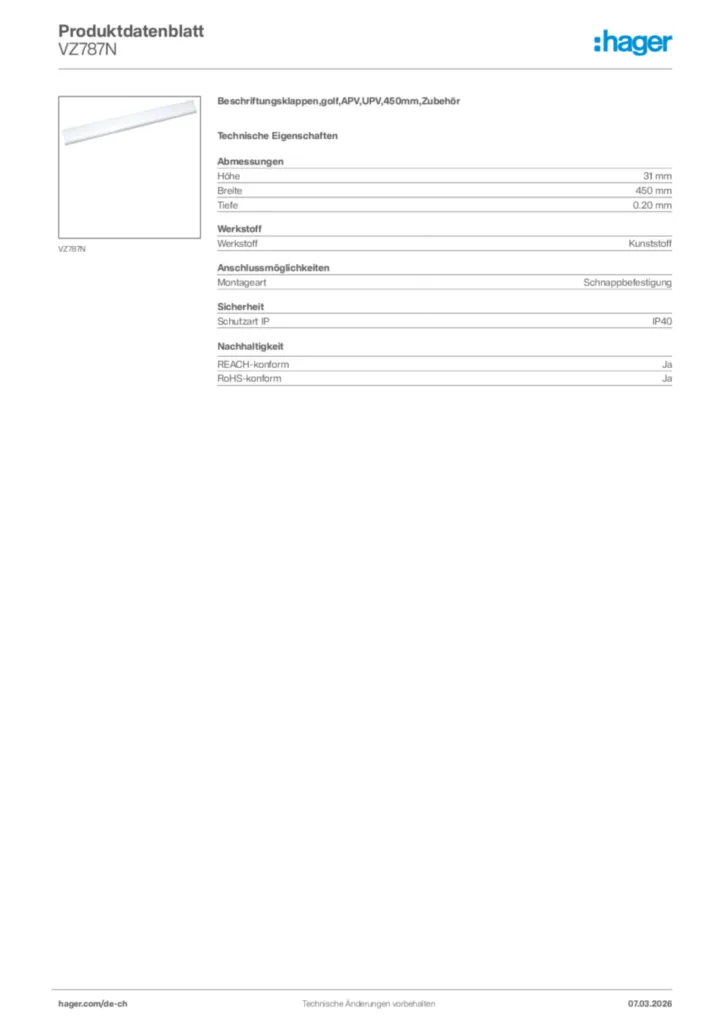 Bild Hager Produktdatenblatt VZ787N | Hager Schweiz