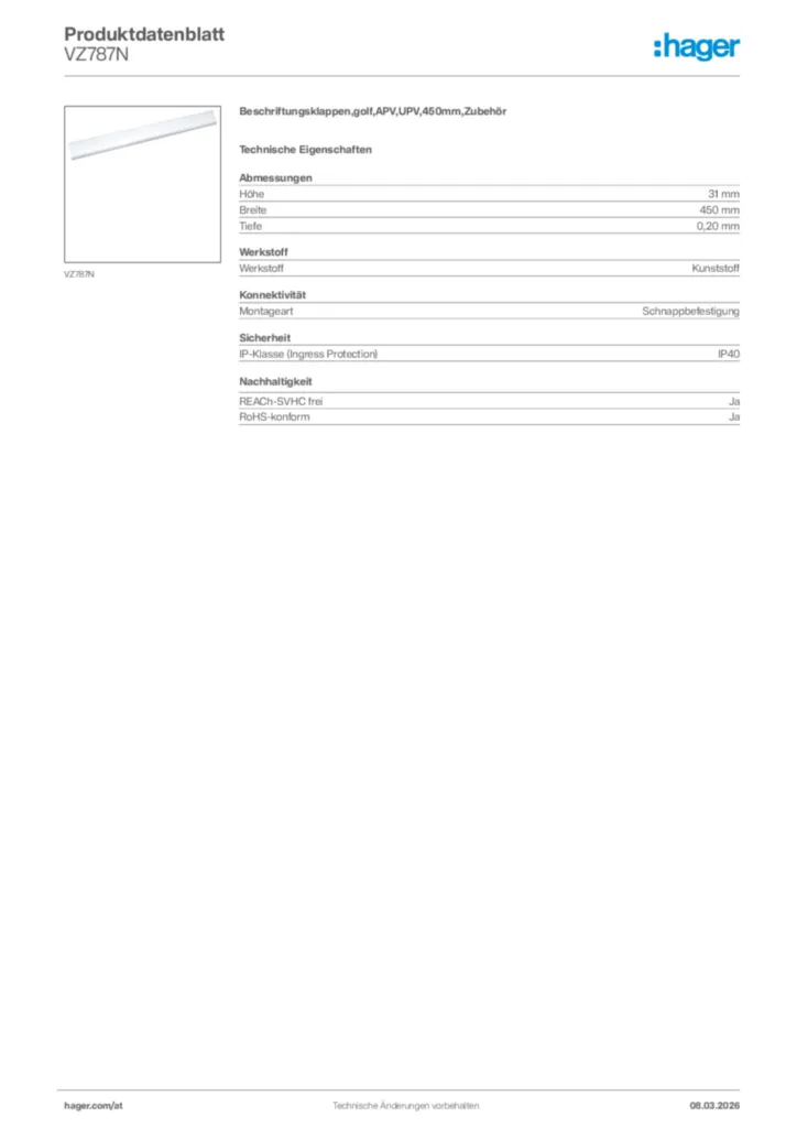 Bild Hager Produktdatenblatt VZ787N | Hager Deutschland