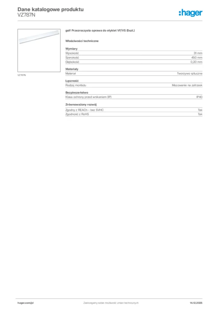 Zdjęcie Hager Karta katalogowa VZ787N | Hager Polska