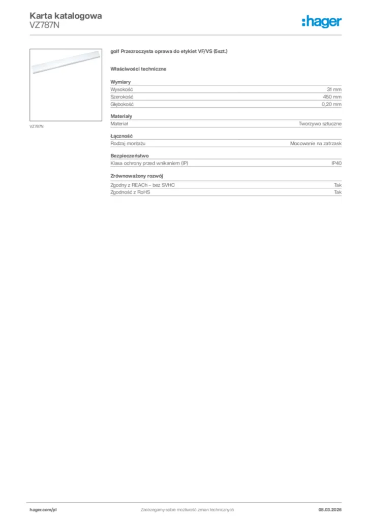 Zdjęcie Hager Karta katalogowa VZ787N | Hager Polska