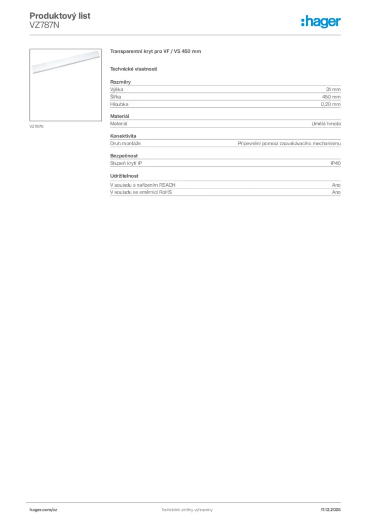 Obrázek Hager Produktový list VZ787N | Hager