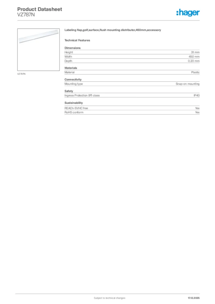 Image Hager Product data sheet VZ787N  | Hager