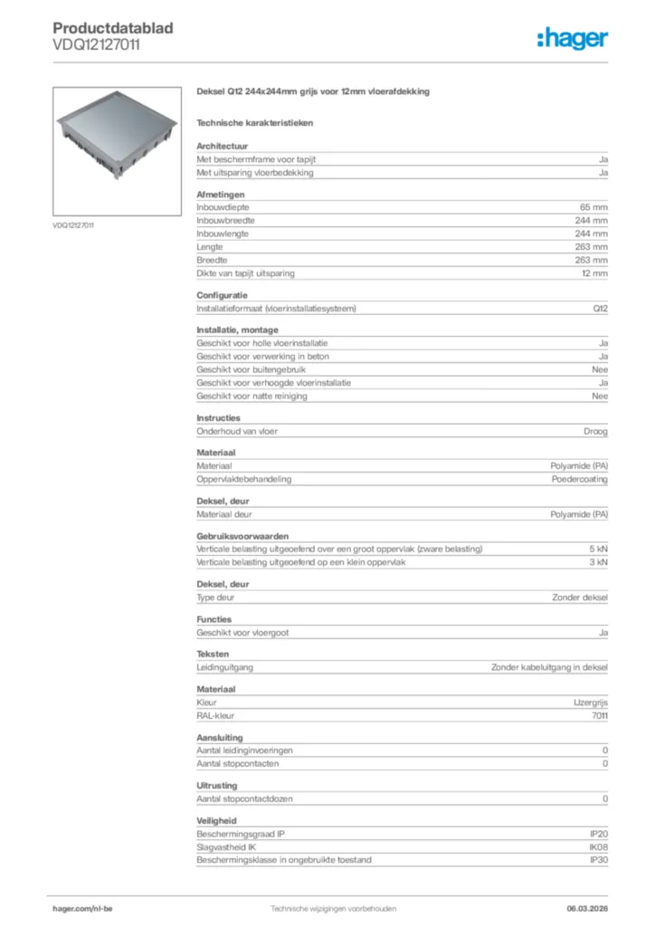 Afbeelding Hager Productdatablad VDQ12127011 | Hager Belgium