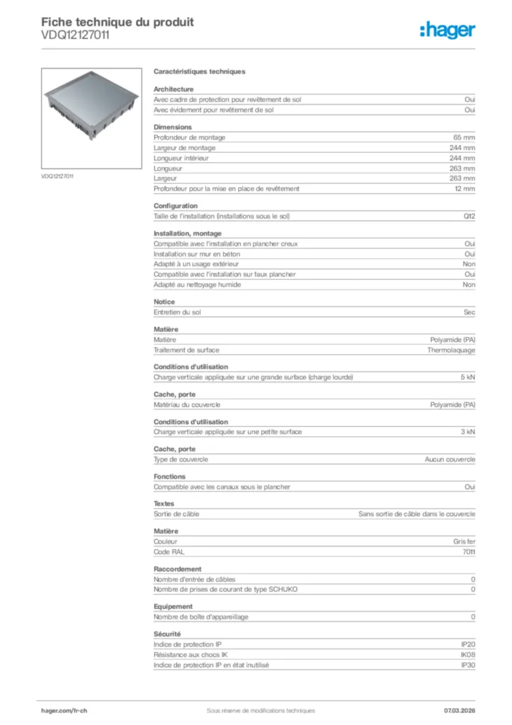 Image Hager Fiche technique du produit VDQ12127011 | Hager Suisse