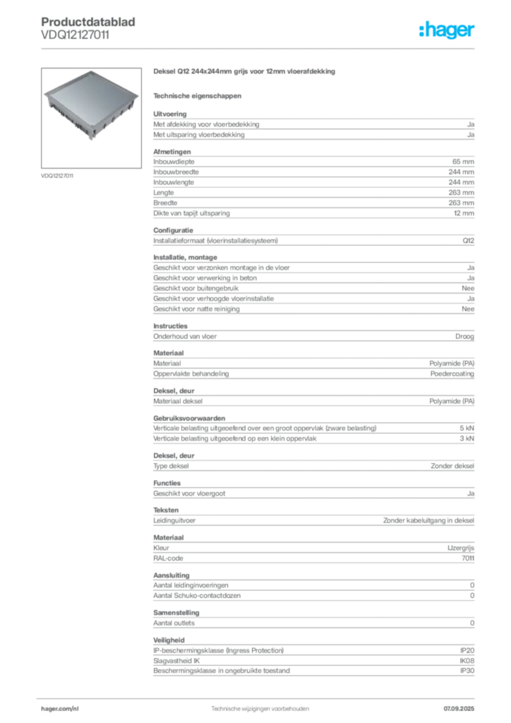 Afbeelding Hager Productdatablad VDQ12127011 | Hager Nederland