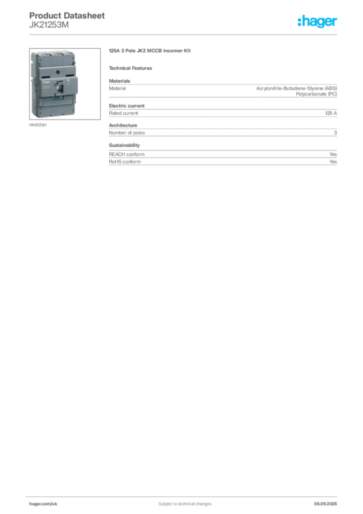 Image Hager Product data sheet JK21253M  | Hager