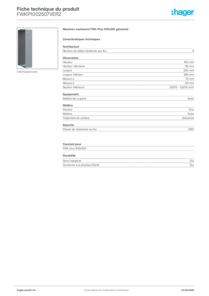 Image Hager Fiche technique du produit FWKP1002507VERZ | Hager Suisse