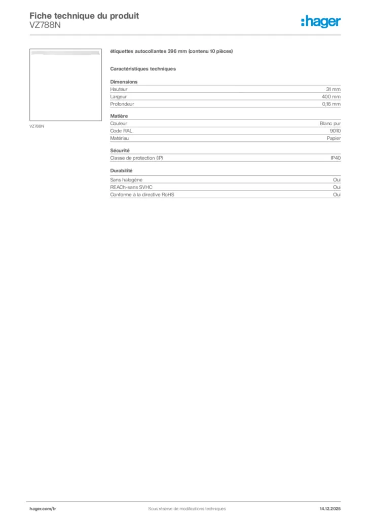 Image Hager Fiche technique du produit VZ788N | Hager France
