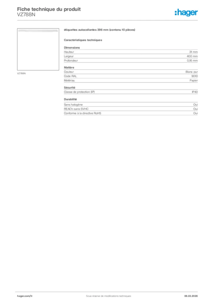 Image Hager Fiche technique du produit VZ788N | Hager France