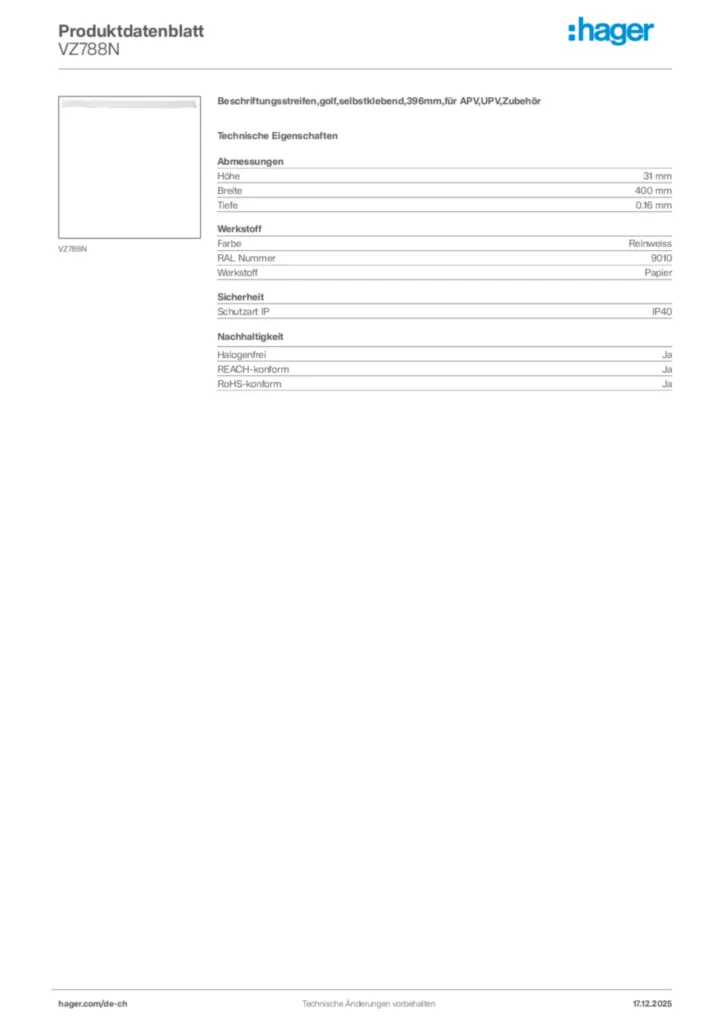 Bild Hager Produktdatenblatt VZ788N | Hager Schweiz