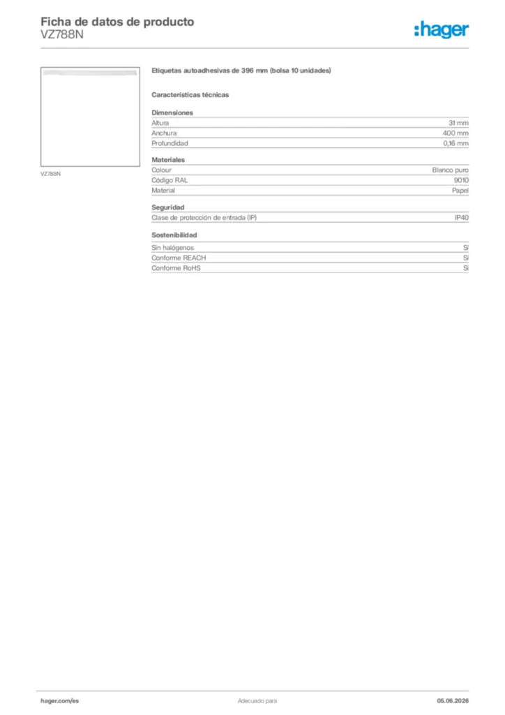 Imagen Hager Ficha de datos de producto VZ788N | Hager España