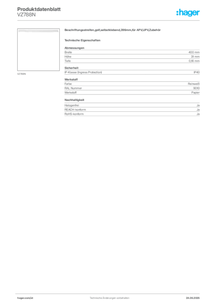Bild Hager Produktdatenblatt VZ788N | Hager Deutschland
