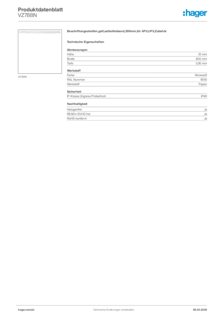 Bild Hager Produktdatenblatt VZ788N | Hager Deutschland