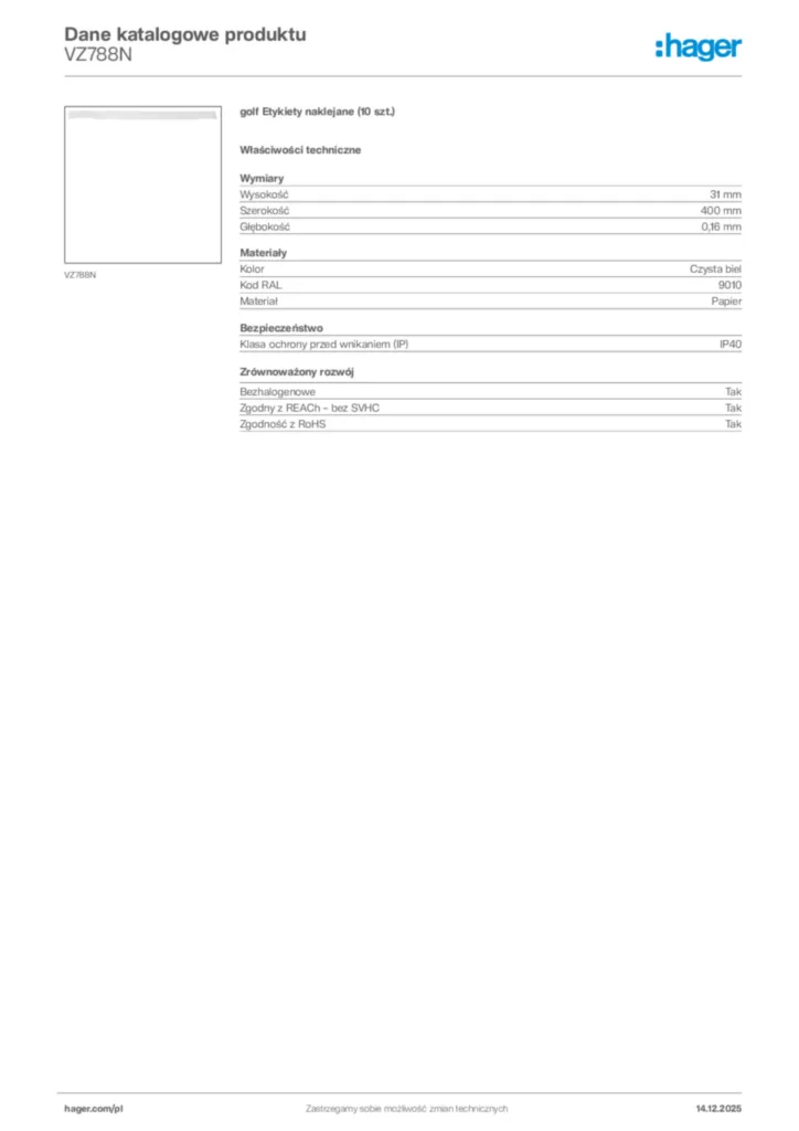 Zdjęcie Hager Karta katalogowa VZ788N | Hager Polska