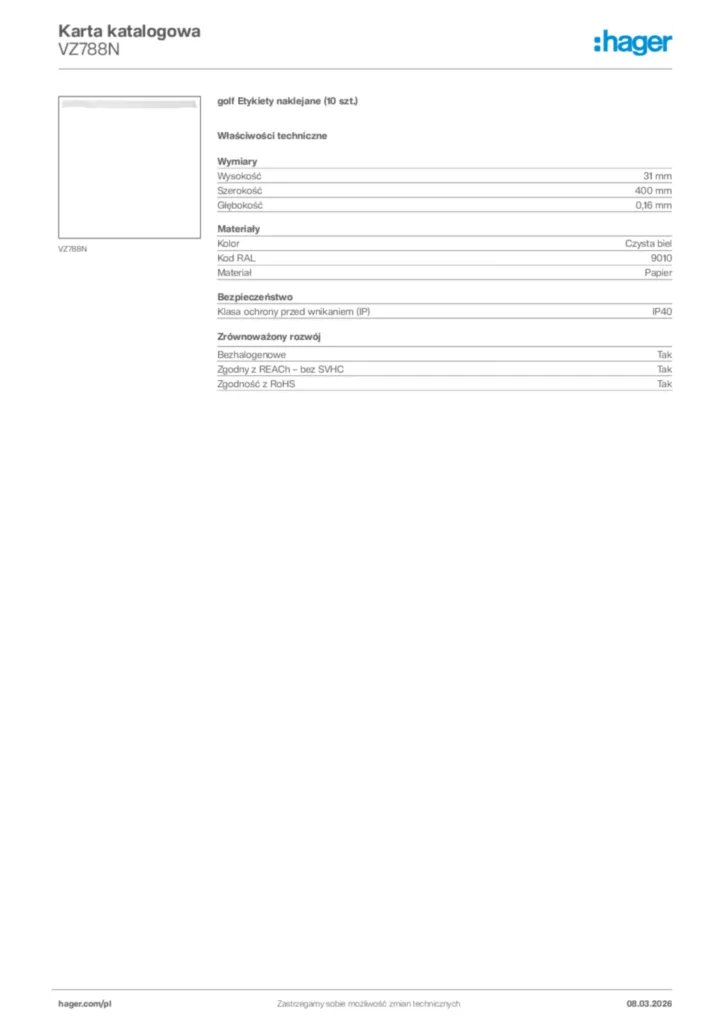 Zdjęcie Hager Karta katalogowa VZ788N | Hager Polska