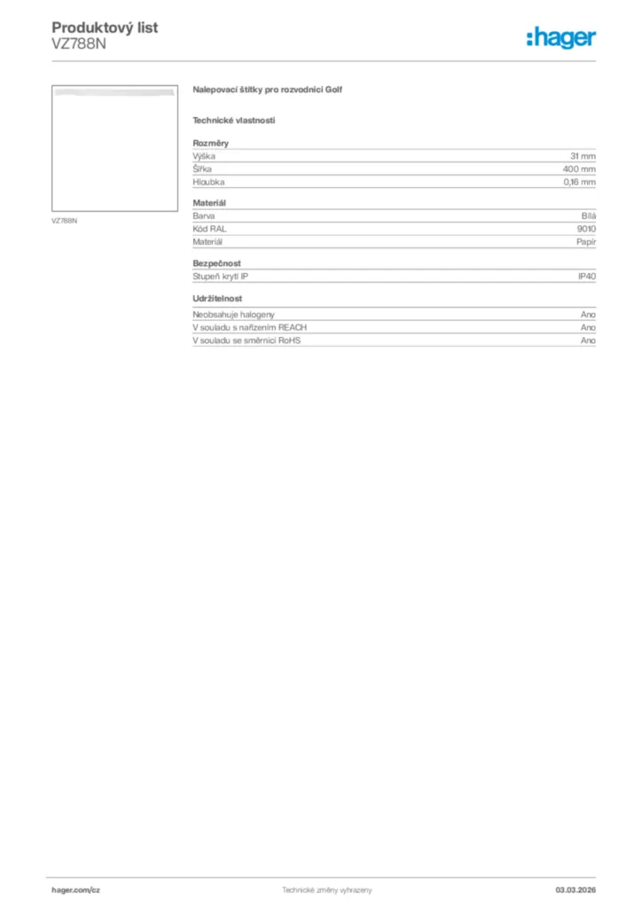 Obrázek Hager Product data sheet VZ788N | Hager