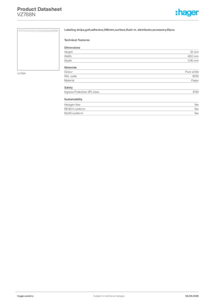 Image Hager Product data sheet VZ788N  | Hager New Zealand