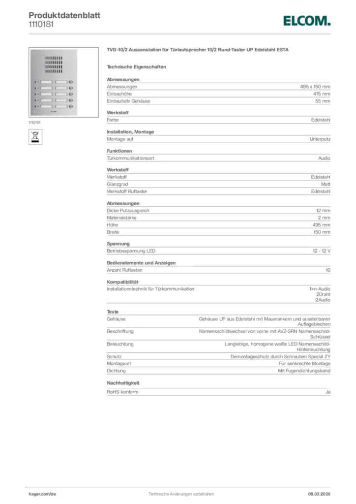 Bild Elcom Produktdatenblatt 1110181 | Hager Deutschland