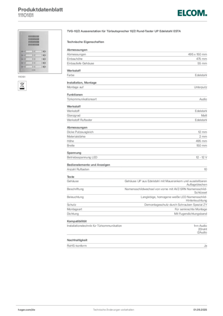Bild Elcom Produktdatenblatt 1110181 | Hager Deutschland