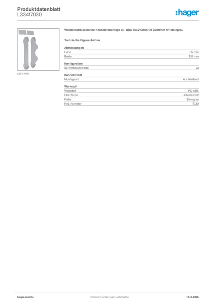 Bild Hager Produktdatenblatt L33417030 | Hager Deutschland