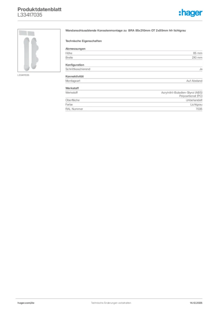 Bild Hager Produktdatenblatt L33417035 | Hager Deutschland