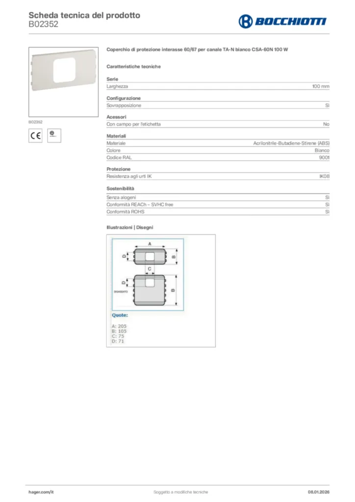 Immagine Bocchiotti Scheda tecnica del prodotto B02352 | Hager Italia