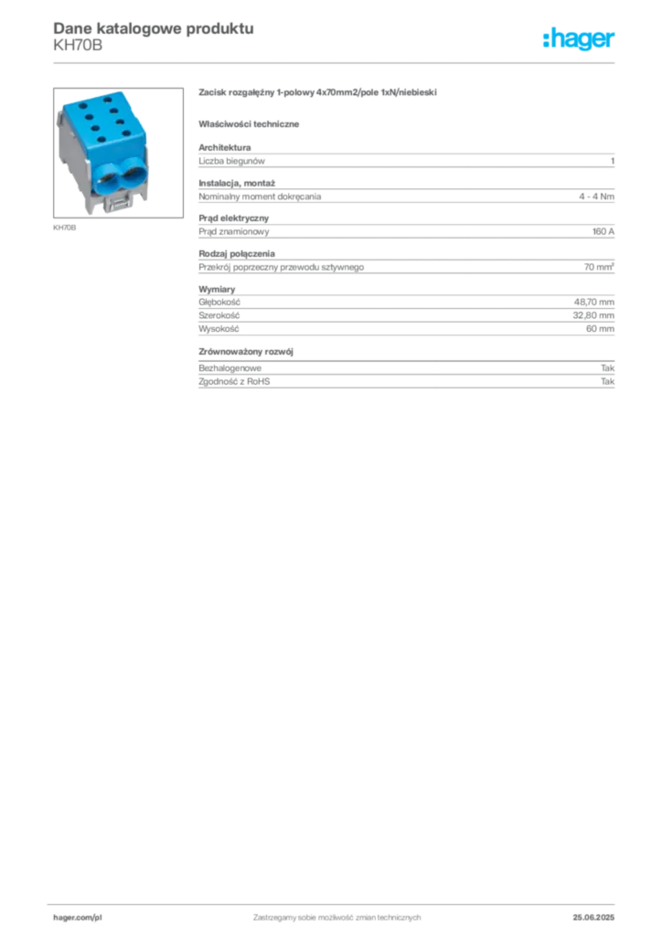Zdjęcie Hager Karta katalogowa KH70B | Hager Polska