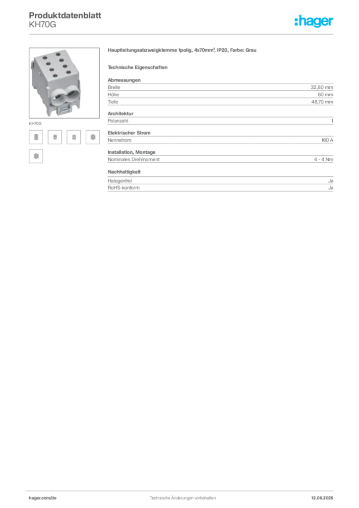 Bild Hager Produktdatenblatt KH70G | Hager Deutschland